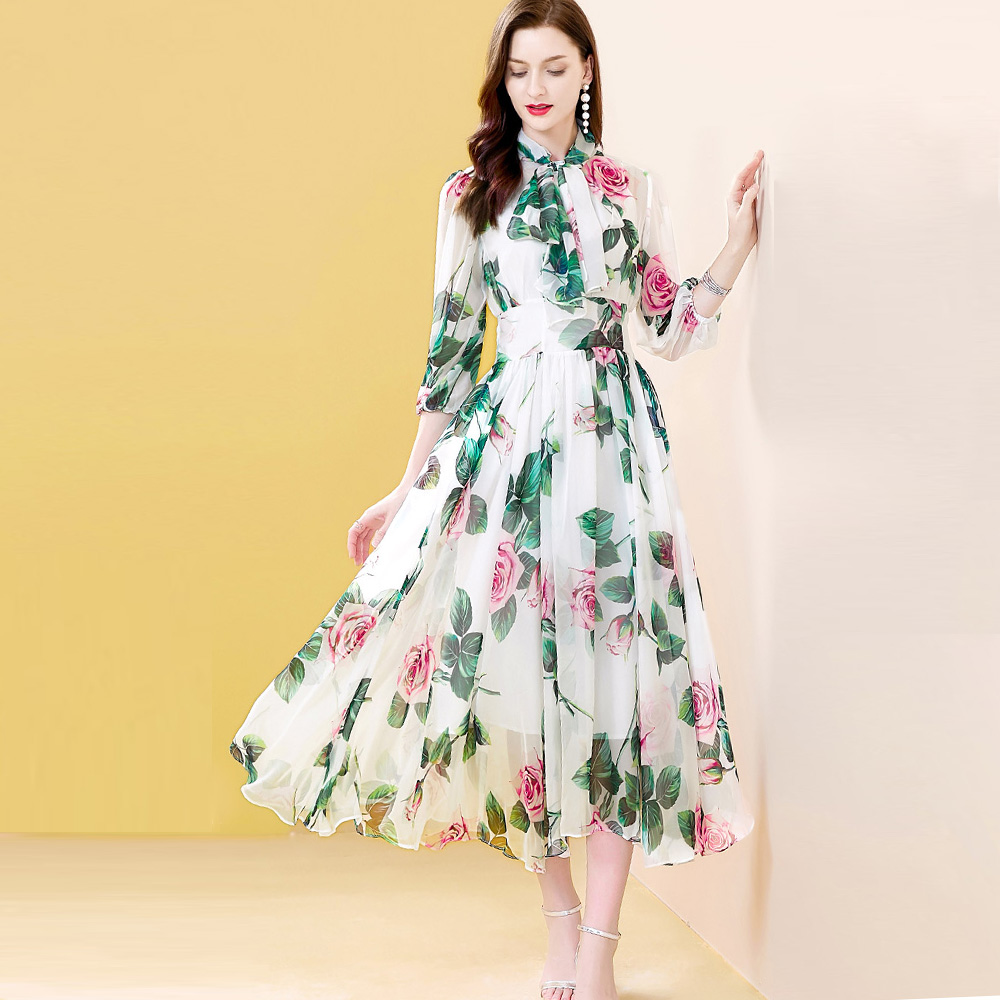 여름 장미 꽃 프린트 여성 쉬폰 셔츠 드레스, 나비 넥타이 레저 홀리데이 스타일 패션 롱 드레스